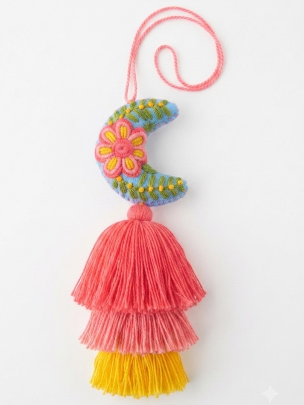 Artisanal Embroidered Crescent Moon & Tassel Charm | Boho-Luxe Wall Hanging